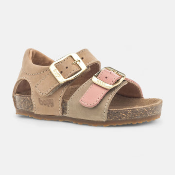 Sandales fille en cuir coloris crème /rose/cognac