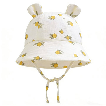 Chapeau de soleil pour bébé en mousseline avec petites oreilles – réglable | imprimé citrons